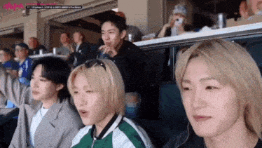 a group of young men are sitting in a stadium at a baseball game .