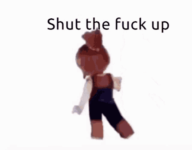 a group of dolls are dancing together with the words `` shut the fuck up '' written above them .