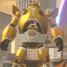 a yellow robot with a purple light coming out of it 's mouth