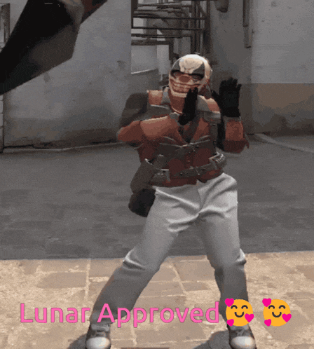 a video game character is dancing with the words " lunar approved " behind him