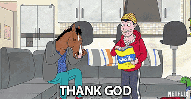 a man with a horse head is sitting on a couch while another man holds a bag of wooflife