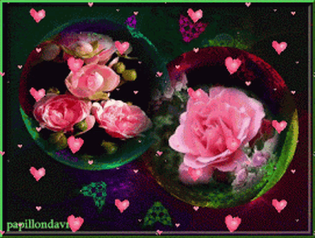 a picture of two hearts filled with pink flowers and hearts by papillondavi
