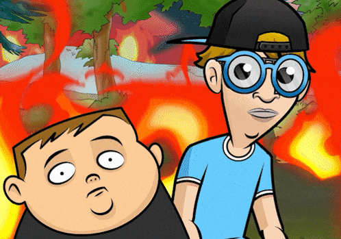 a cartoon of a boy wearing glasses and a hat standing next to another boy