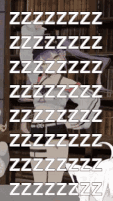 a girl with purple hair is standing in front of a bookshelf with a bunch of zzzzzzz written on it