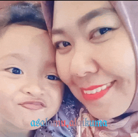 a woman and a child are posing for a picture and the words assalamu alaikuma are on the bottom