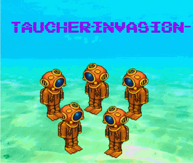 a group of cartoon scuba divers are standing in the water with the words taucher invasion above them