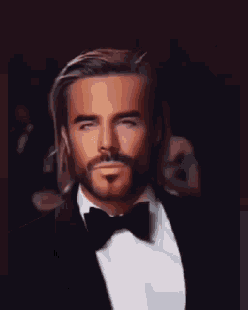 a man with long hair and a beard wears a tuxedo and bow tie