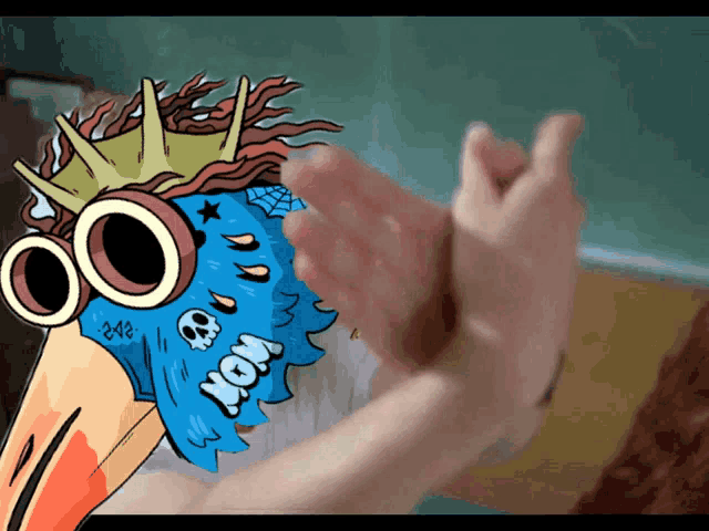 a cartoon drawing of a person wearing a mask that says wow