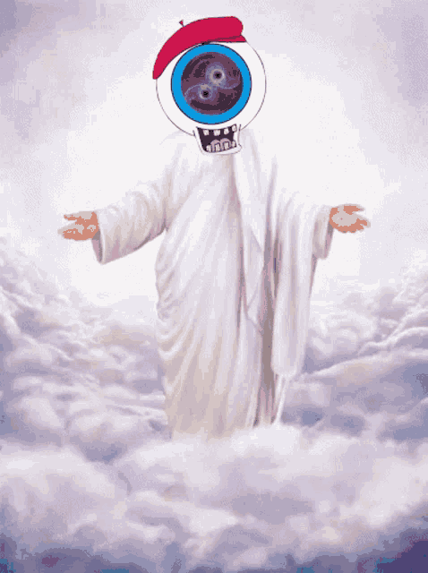 a painting of jesus in a white robe with a blue eye
