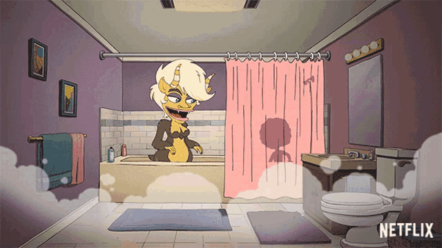 a cartoon character is taking a bath in a bathroom with a netflix logo on the bottom