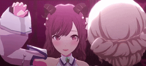 a girl with horns is standing next to a statue of a skull .