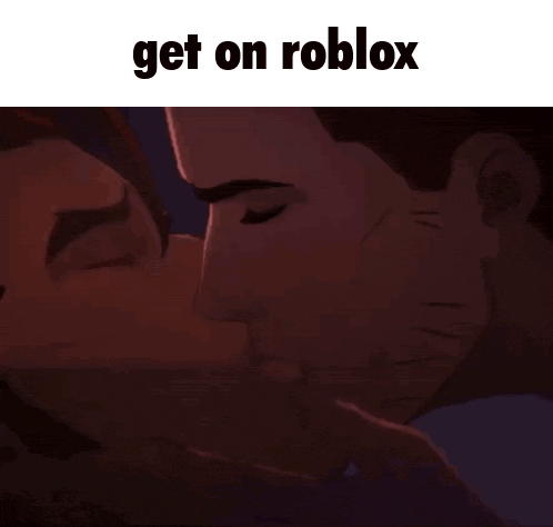 a picture of two people kissing with the words get on roblox