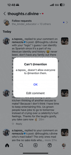 a screenshot of thoughts.r.divine showing a popup that says can 't mention