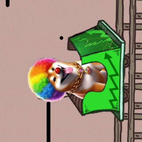 a dog with a rainbow wig and a gold chain is sitting on a green board