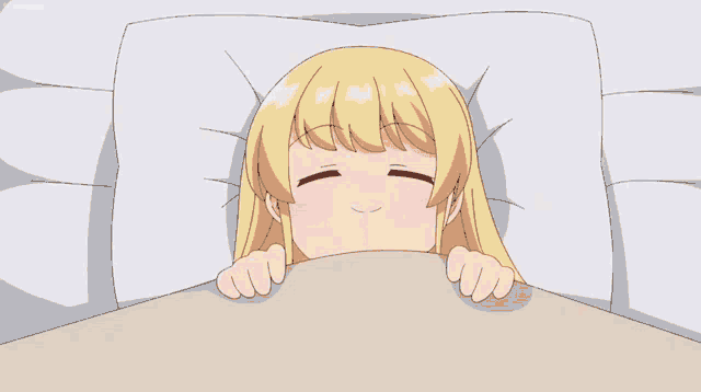 a cartoon girl with blonde hair is laying in bed with her mouth open