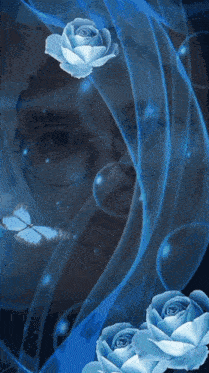a man 's face is behind a blue curtain with roses and butterflies