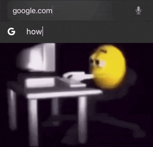a yellow smiley face is sitting at a desk in front of a computer with the google.com website open