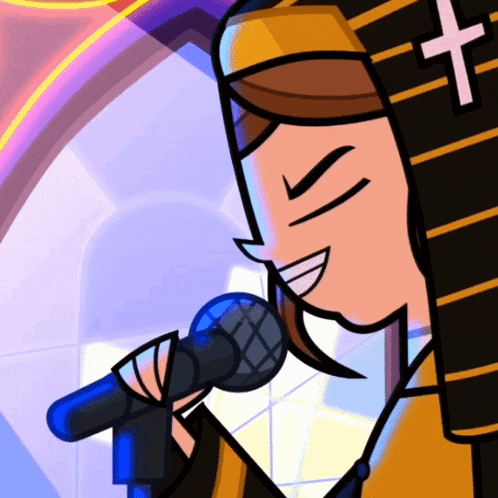 a cartoon character is singing into a microphone with a cross on his head