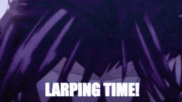 a close up of a person 's face with purple hair and the words larping time written on it .
