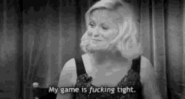 a black and white photo of a woman sitting in a chair saying `` my game is fucking tight . ''