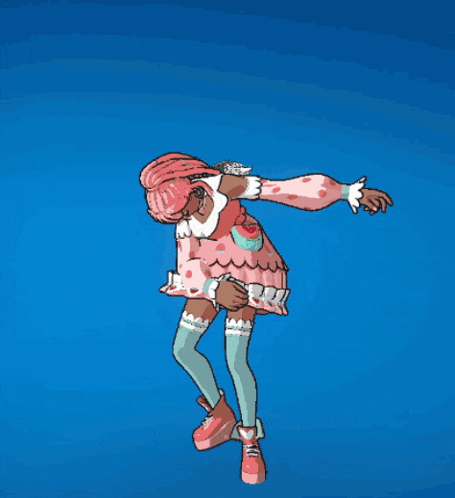 a cartoon girl with pink hair is standing on a blue background .