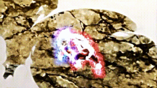 a close up of a painting of a rock with a red and blue light coming out of it