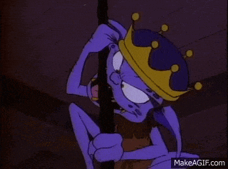 a cartoon character is wearing a crown and holding a pole .