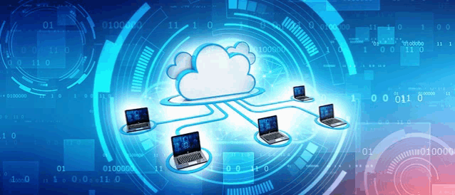 a group of laptops are connected to a cloud surrounded by binary code