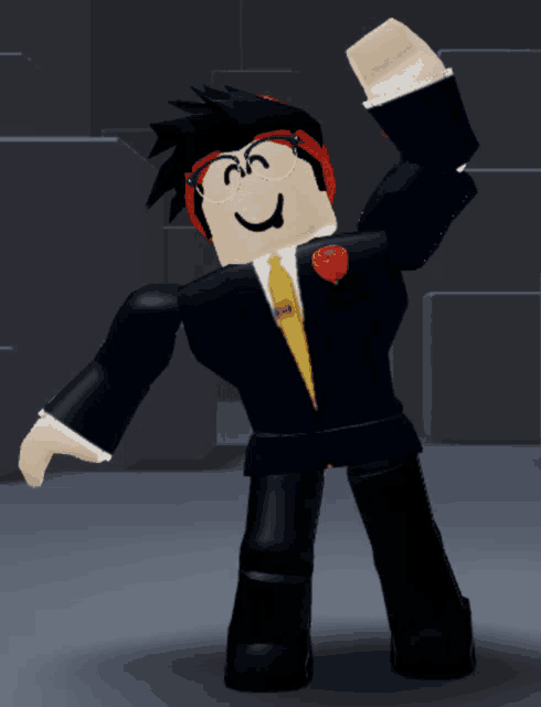 a roblox character wearing a suit and tie with headphones on