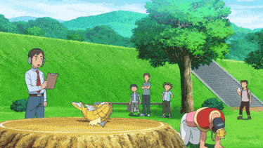 a cartoon scene with a man holding a clipboard and a group of children
