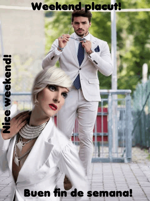 a man in a suit and tie is adjusting his tie next to a woman in a white suit