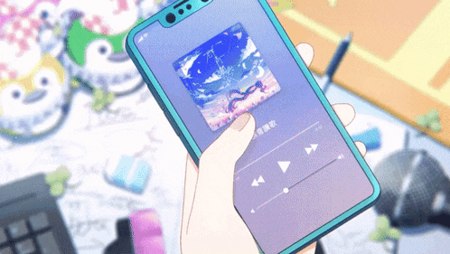 a person is holding a cell phone with a music player on the screen .