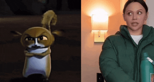 a woman in a green jacket stands next to a cartoon character