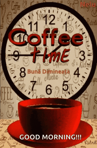 a red cup of coffee sits on a saucer in front of a clock that says coffee time