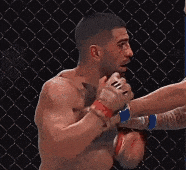 a man is being punched in the face in a cage .