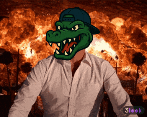 a man in a white shirt has a crocodile head on his face