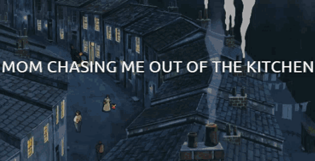 a cartoon of a girl holding a broom with the words mom chasing me out of the kitchen