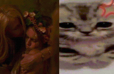 a woman wearing a flower crown next to a cat with a sad face .