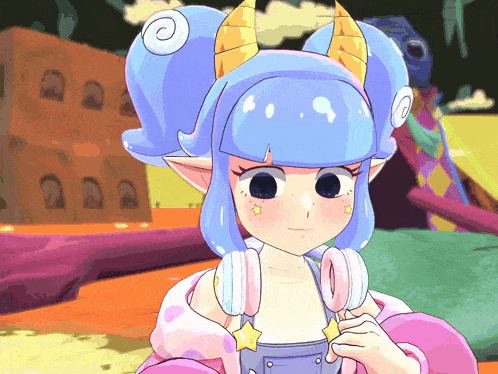 a cartoon character with horns and blue hair