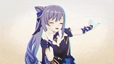 a purple haired anime girl is smiling and waving her hand .