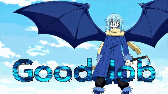 a cartoon character with wings and the word goodjob in blue letters
