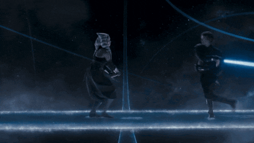 a man and a woman are holding lightsabers in front of a cross in the dark