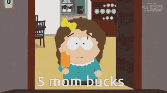 a cartoon of a little girl with the words 5 mom bucks written below her