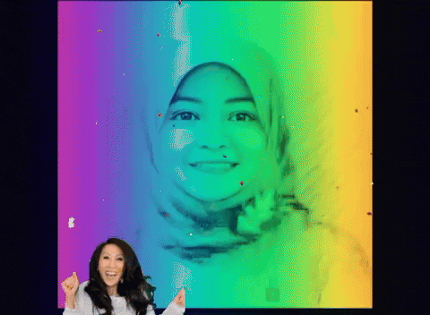 a woman in a hijab is smiling in front of a colorful background