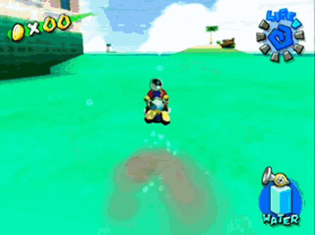 a video game screen shows a cartoon character in the water with the letter t visible