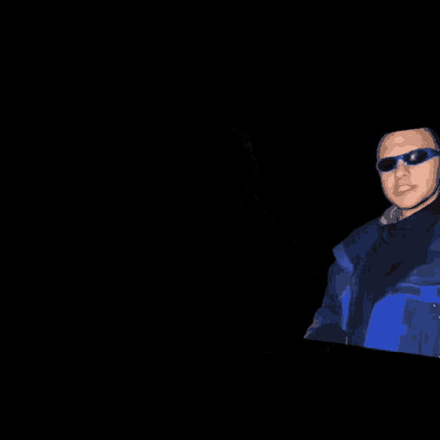 a man wearing sunglasses and a blue jacket