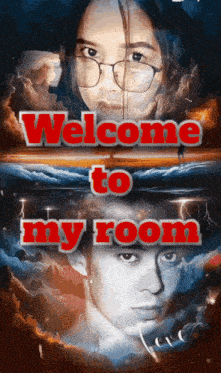 a poster that says welcome to my room with a girl and a man