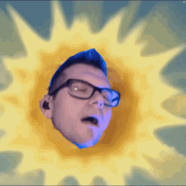 a man with glasses is surrounded by a yellow and blue background