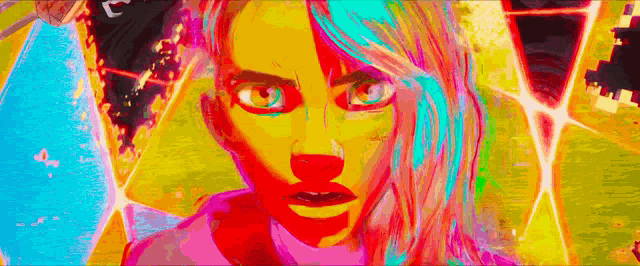 a close up of a woman 's face with a colorful background