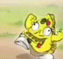 a yellow cartoon character with a crown on his head is standing on the ground .